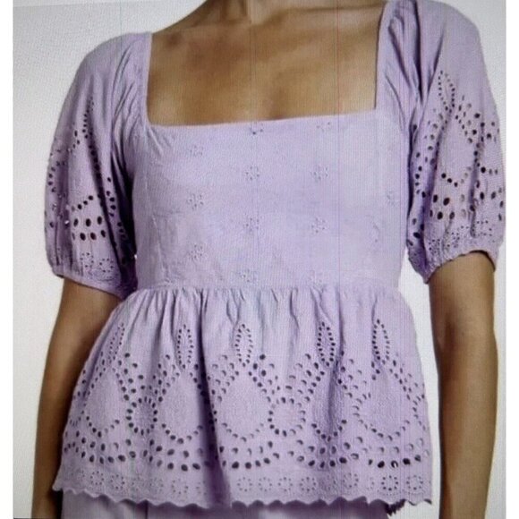 Walter Baker Novalee Top Lavender Eyelet Square Neck Short Puff Sleeve - Picture 1 of 16